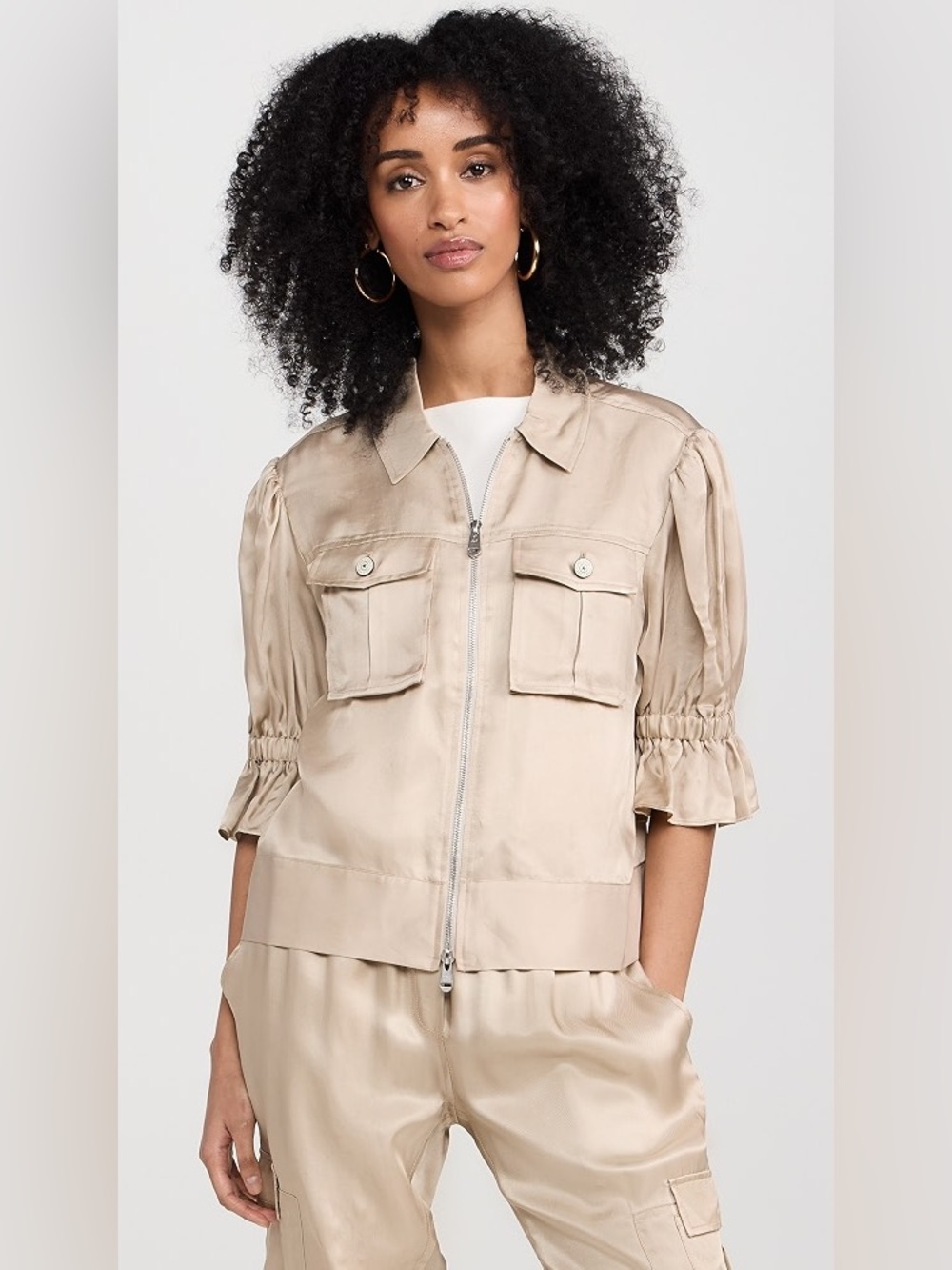 Cinq a Sept Holly Khaki Short Puff Sleeve Satin Utility Jacket Size Medium - Picture 12 of 15